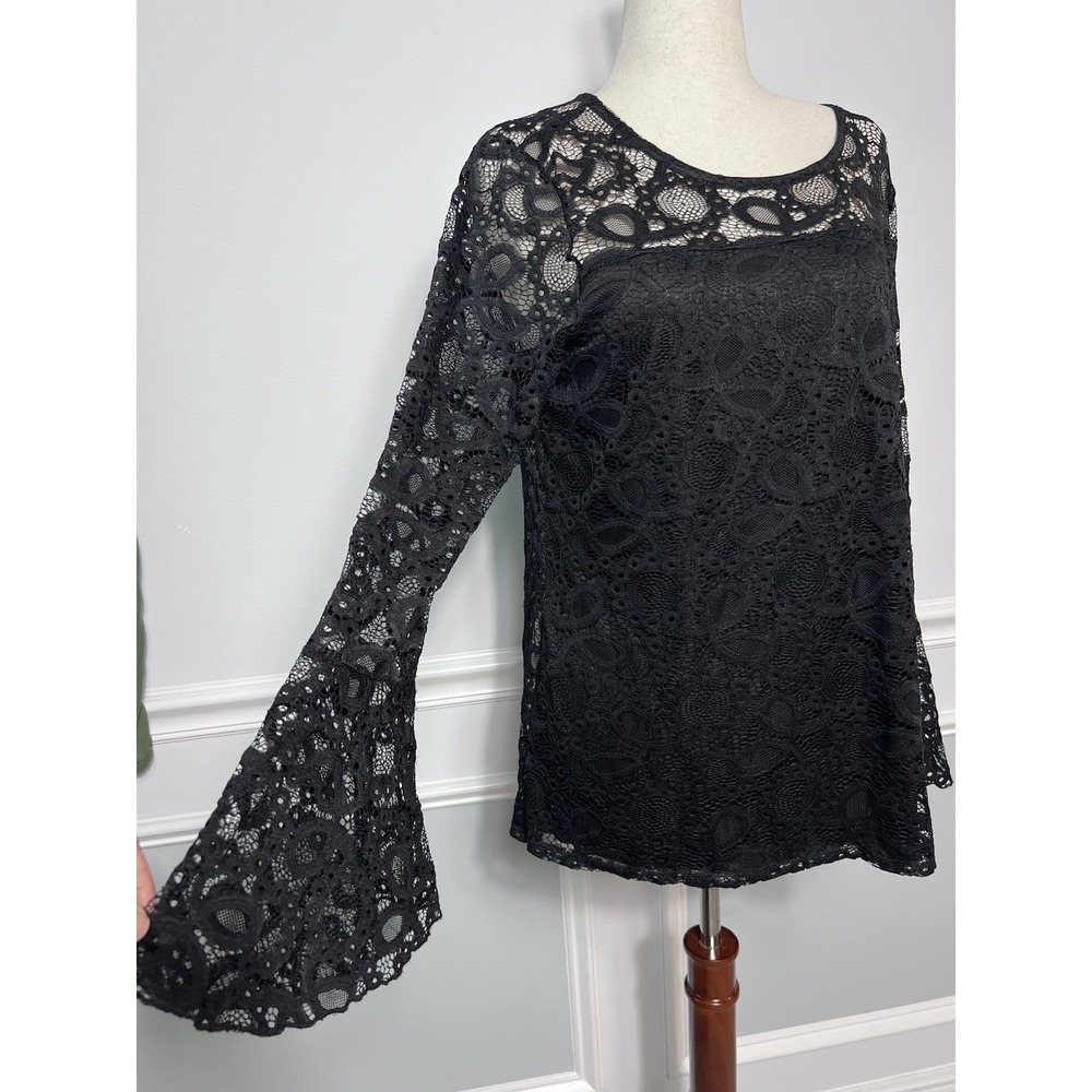 Free Kisses Black Lace Bell Sleeve Blouse (1X) Sheer Back-Whimsigoth-Witchy- NWT